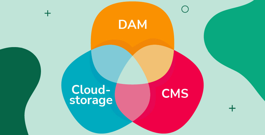 Image of venn diagram showing cloud storage, CMS, and DAM over green background.