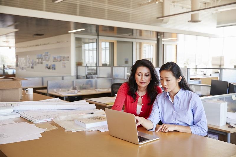 Two women organizing files using albums and folders.