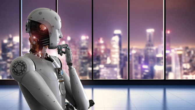 A robot in human shape stands in a pondering pose.