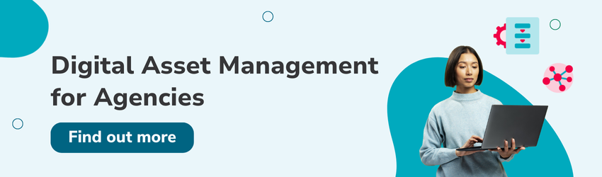 Download the eBook ‘Digital Asset Management for Agencies’; banner shows a professional with a laptop and icons for collaboration, approvals, and file-workflow automation.