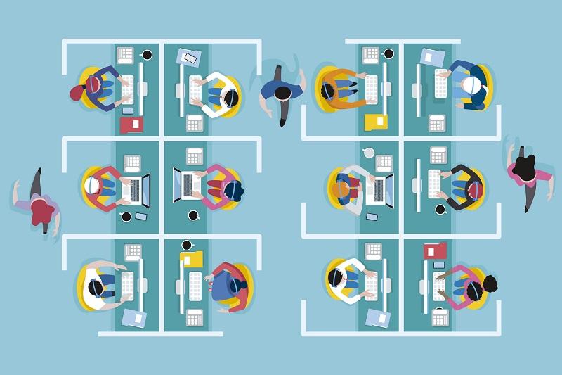 A group of workers in an office (animated).