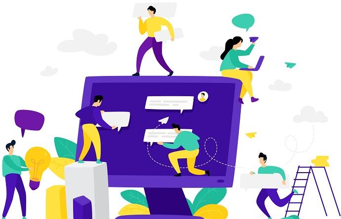 An animated group of workers.