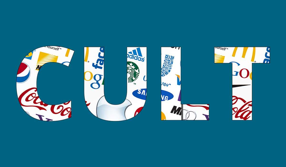 Das Wort ‘Kult’ als Schablone über den Logos bekannter Marken.