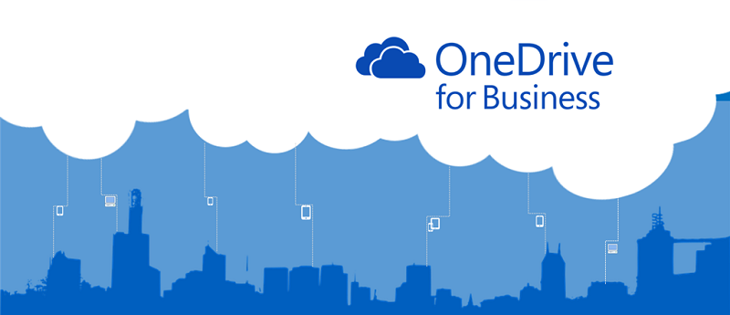 Das Logo von OneDrive in einer weißen Wolke, die über der Silhouette einer Stadt hängt.