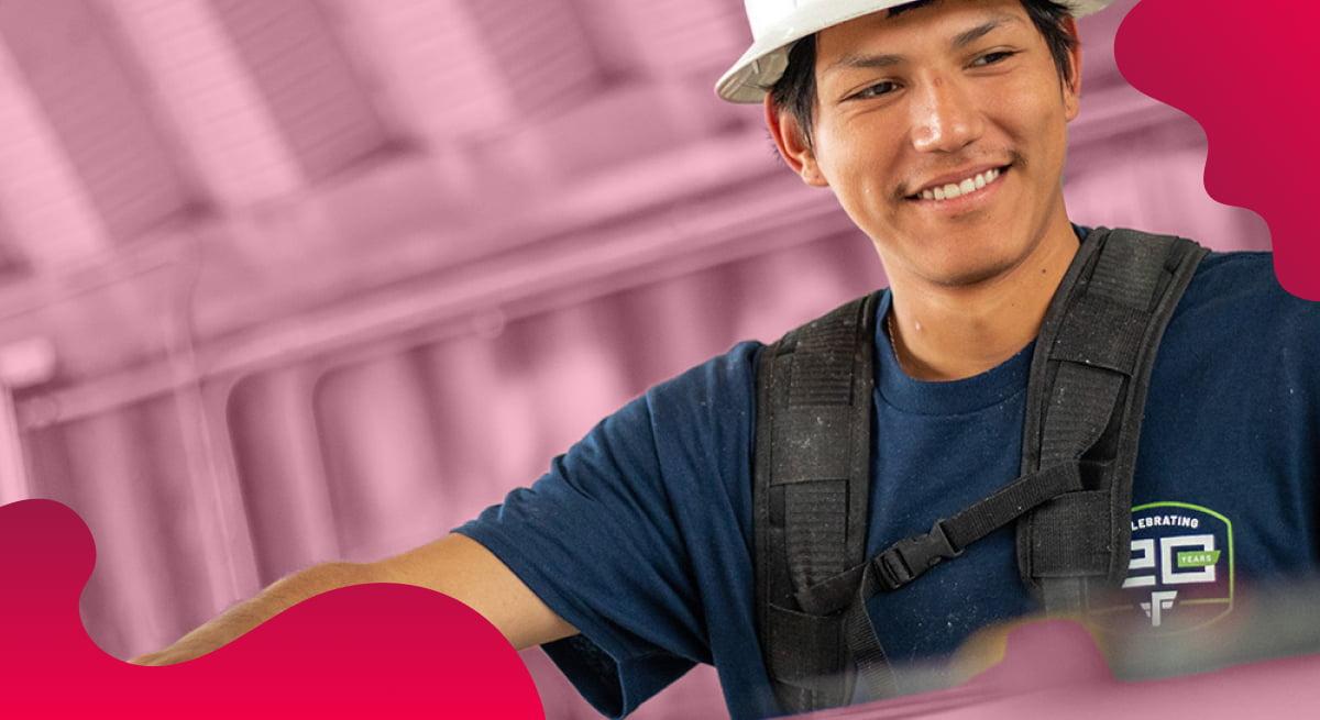 Falcon Structures header image in red showing a man working with metal.