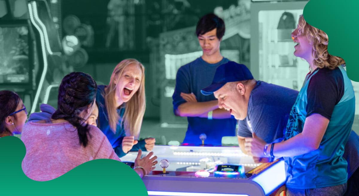 Launch Trampoline Park header image in green showing family playing games.