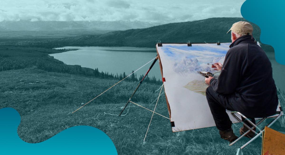 The Foster Art & Wilderness Foundation header image in blue of Tony Foster paining a landscape.