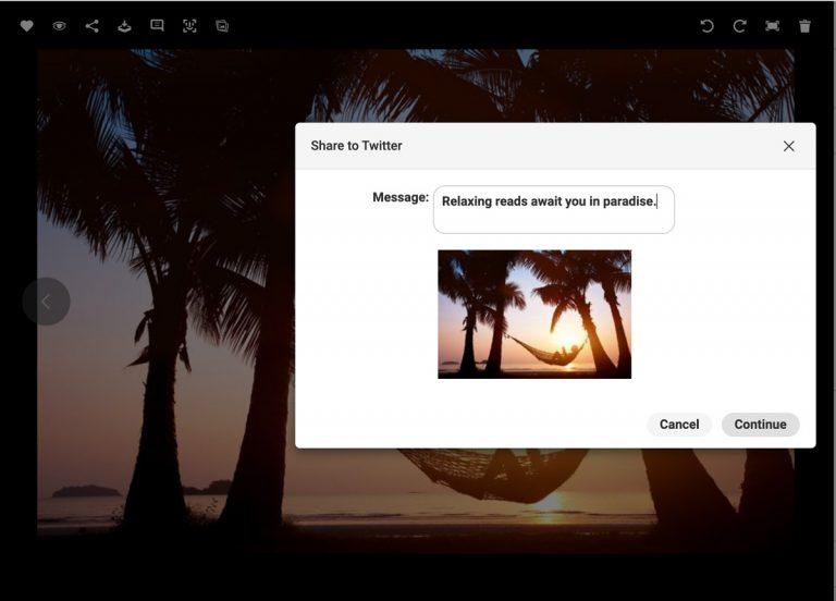 Screenshot of the interface of the Canto DAM showing an asset with a tropical sunset and a hammock in detailed view, overlaid by a dialog box providing the option to share the asset via Twitter with a customized message.