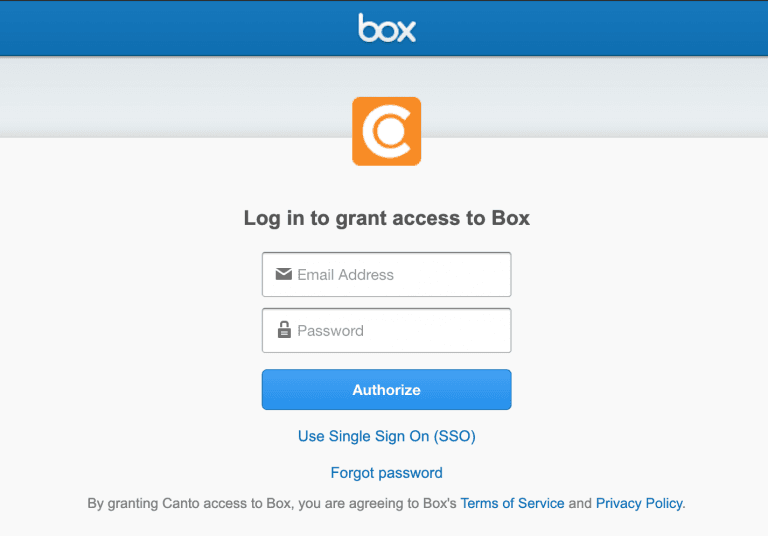 The login screen for box.com in the Canto DAM to authorize access and synchronization for the integration.