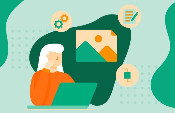 Eine Frau am Laptop betrachtet ein Bild, umgeben von Symbolen, die das PNG-Bildformat und die Bildeigenschaften repräsentieren sollen.