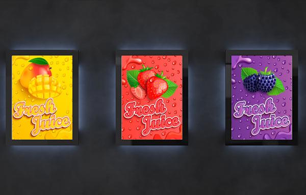 Three differently-colored juice ads.
