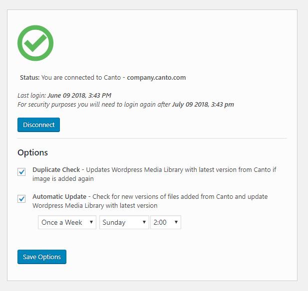 Screenshot of the status window of the WordPress integration with the Canto DAM.