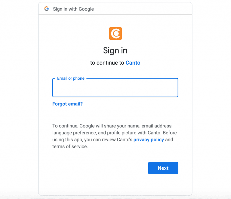 The login screen for Google Drive in the Canto DAM to authorize access for the integration.