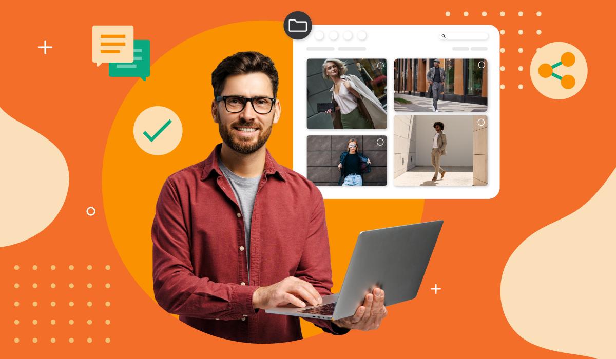 Man on laptop smiles with a dam library floats beside him with images of models walking and icons of comments, data and checkmarks float around, all over an orange background