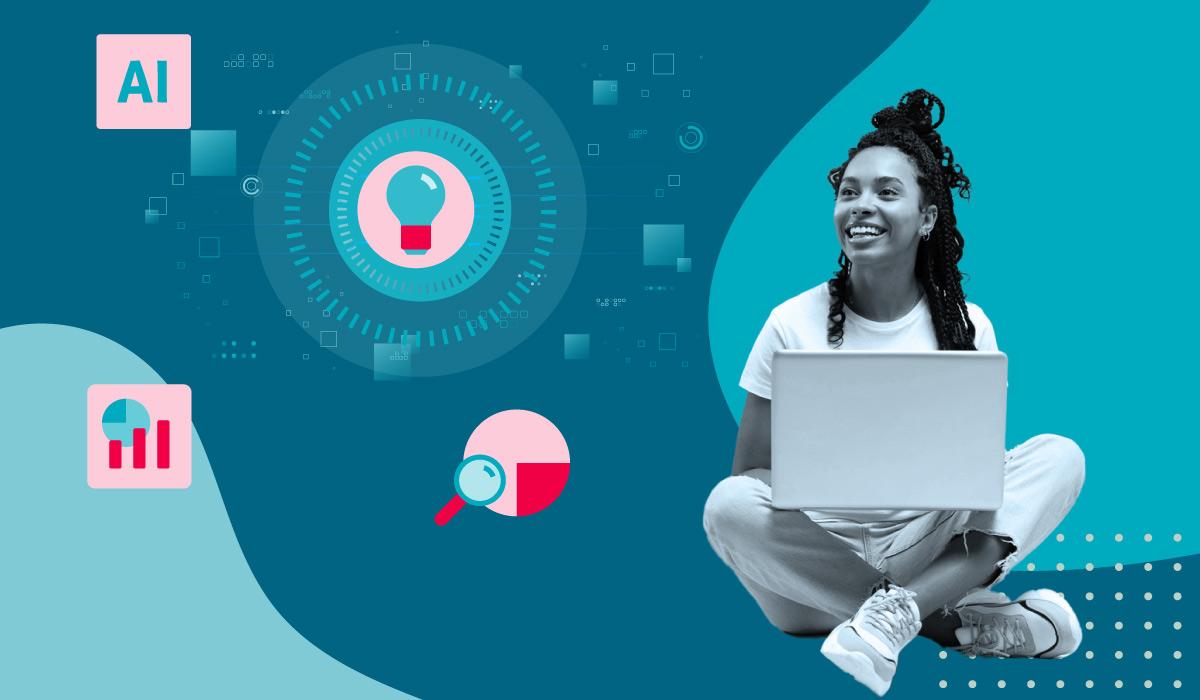 Eine Frau mit Laptop vor blauem Hintergrund prüft die Markenkonsistenz, umringt von Symbolen für KI, Datenanalyse und Suchfunktion.
