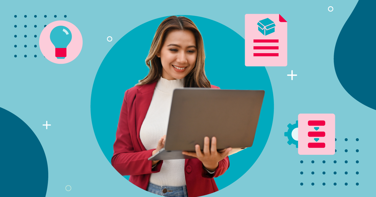A woman in a red jacket on a laptop smiles with red icons of drop box links, link sharing and a lightbulb float all over a blue background.