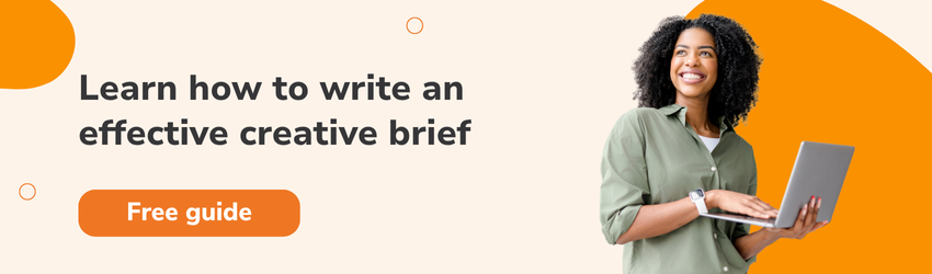 Smiling woman holding a laptop next to text promoting a free guide on how to write an effective creative brief.