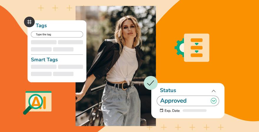 An image of a model surrounded by product information and image information.