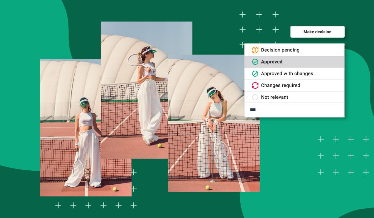 Alt text: Creative review in Canto online proofing software with a tennis photoshoot and decision options like approved, changes required, and not relevant.