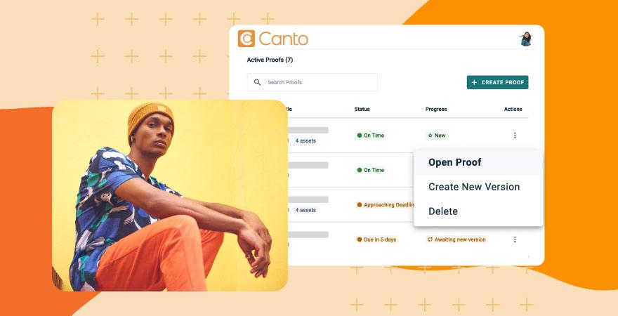 Canto online proofing software dashboard showing active proofs, deadlines, and versioning options alongside a fashion photo shoot preview.