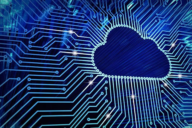 Blue circuits leading to a digital cloud.