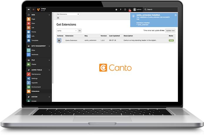 A laptop showing the extension page for installing the TYPO3 Integration for the Canto DAM.