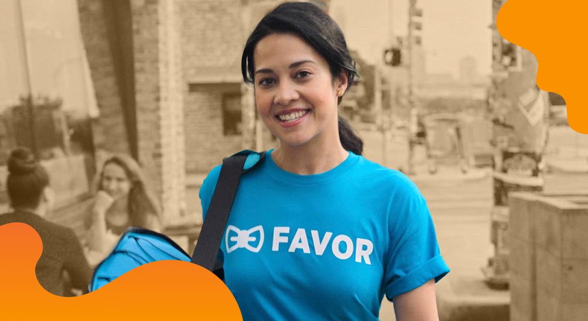 Favor Delivery header image in orange of a deliverer on the job.