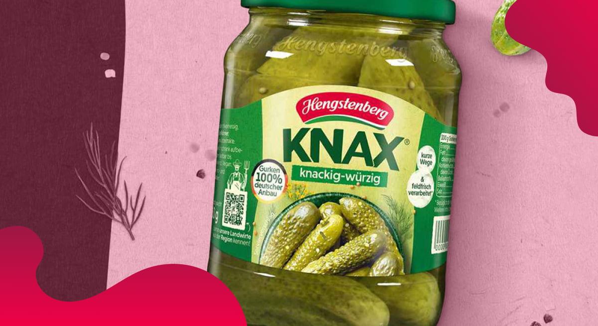 Hengstenberg header image in red of Knax crunchy gherkins.