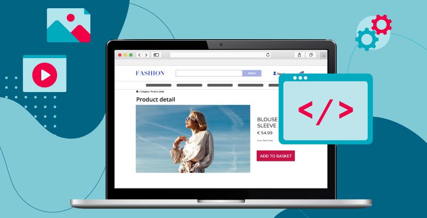 Laptop displaying an online fashion shopping webpage with various icons in the background.