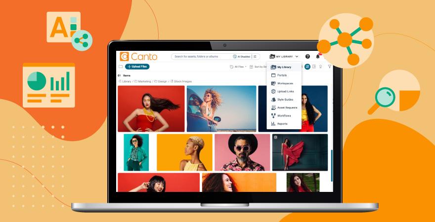 Laptop screen displaying Canto's digital asset management interface with colorful images and a navigation panel. Abstract background with charts and icons.