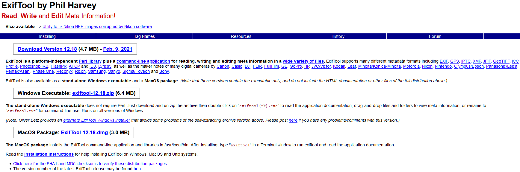 The Exif Tool homepage.