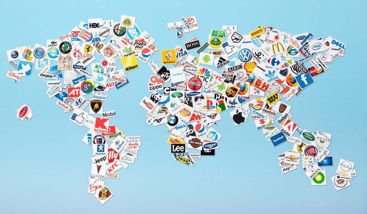 A world map with brands on different areas.