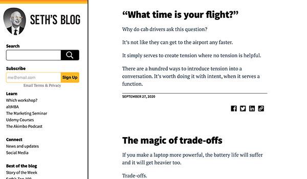 The Seth's Blog homepage.