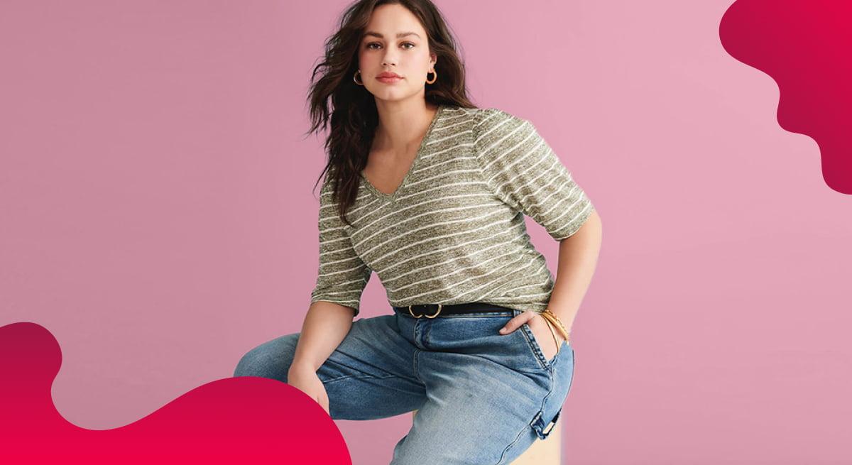 Dia&Co header image in red showing an individual plus-size model.
