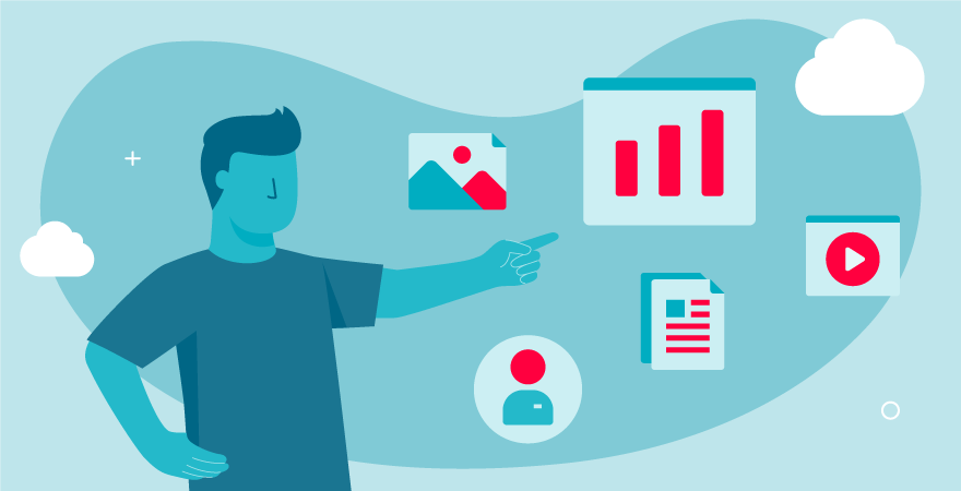 Eine Person deutet auf verschiedene Symbole, die u.a. für unterschiedliche Bildformate stehen.