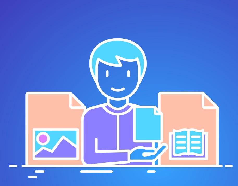 Eine Person, die mit verschiedenen Dateien arbeitet, darunter Dokument- und Bildformate.