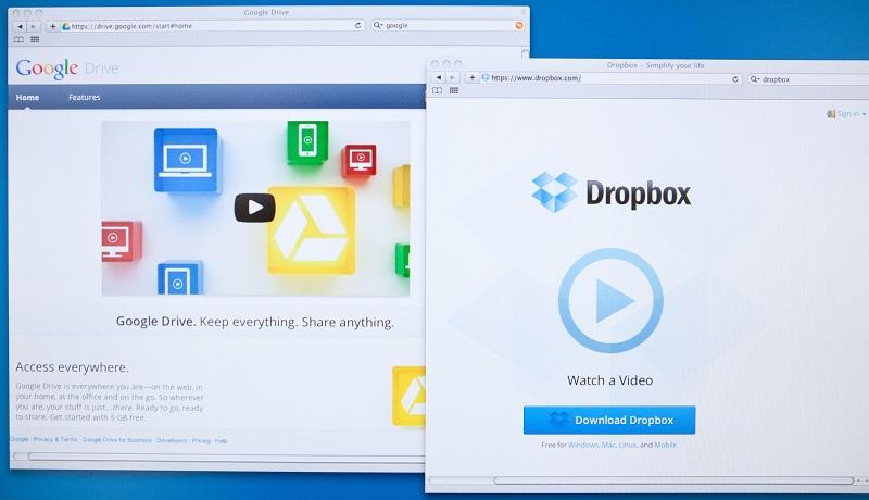 Screenshot von 2 Browserfenstern, die Google Drive bzw. Dropbox geöffnet haben.