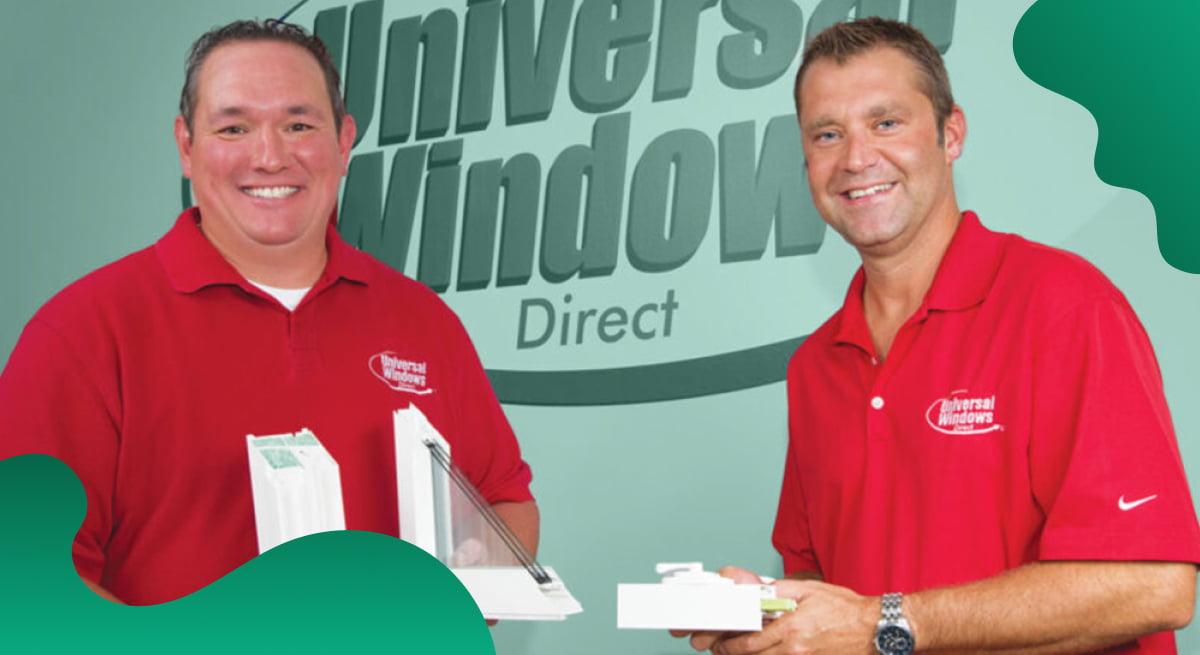 Universal Windows Direct header image in green showing two men holding window trim.