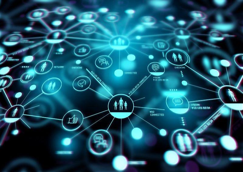 Abbildung eines digitalen Netzwerks aus verschiedenen Symbolen.