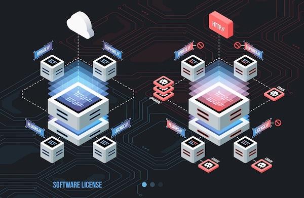 Schematische animierte Darstellung von Software-Lizenzen in der Cloud und auf Webseiten.