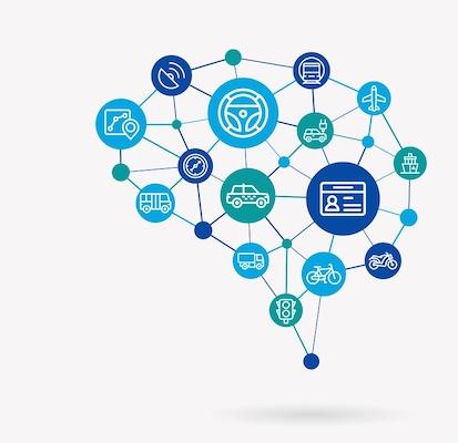 Ein Netzwerk in Form eines menschlichen Gehirns, bei dem die Netzwerkknoten aus verschiedenen Symbolen bestehen.