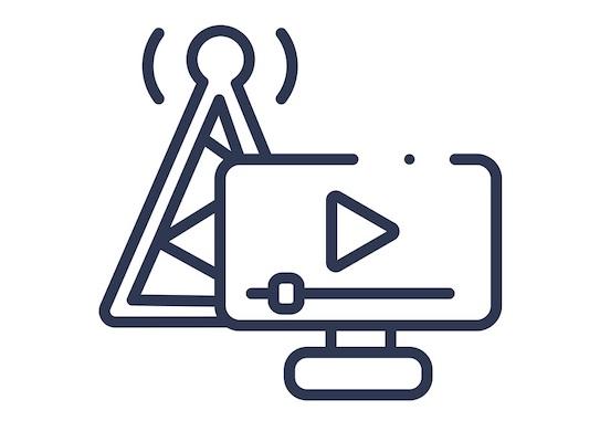 Zwei Symbole, die die drahtlose Übertragung eines Videoinhalts auf einem Bildschirm symbolisieren.