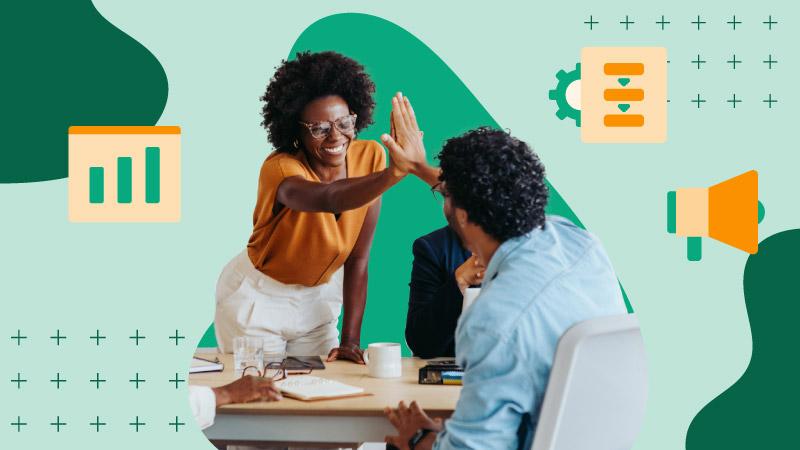 Two people high five with orange illustrated icons of a graph, DAM workflow and megaphone float around them all over a green background