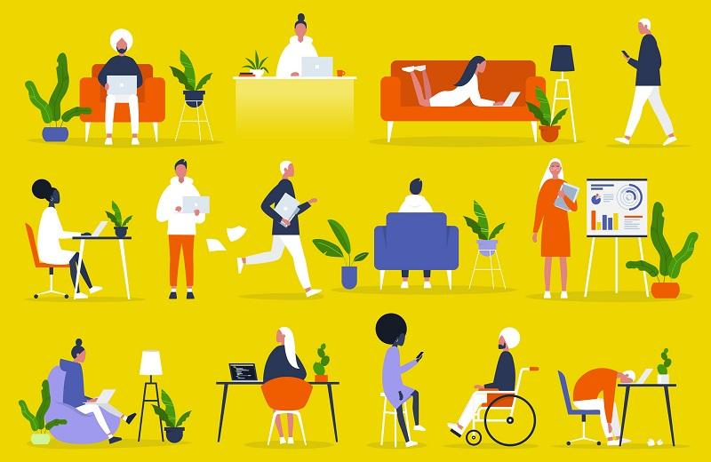 Different illustrated people working.