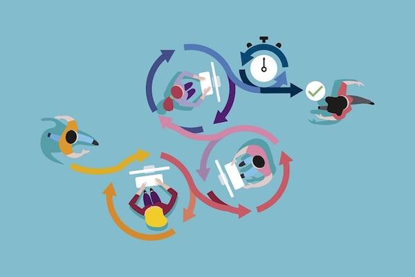 Darstellung eines Arbeitsablaufs im Animationsstil.