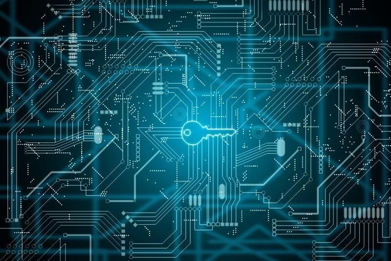 Eine digitale Darstellung einer Computerplatine, deren Schaltkreise einen Schlüssel formen.
