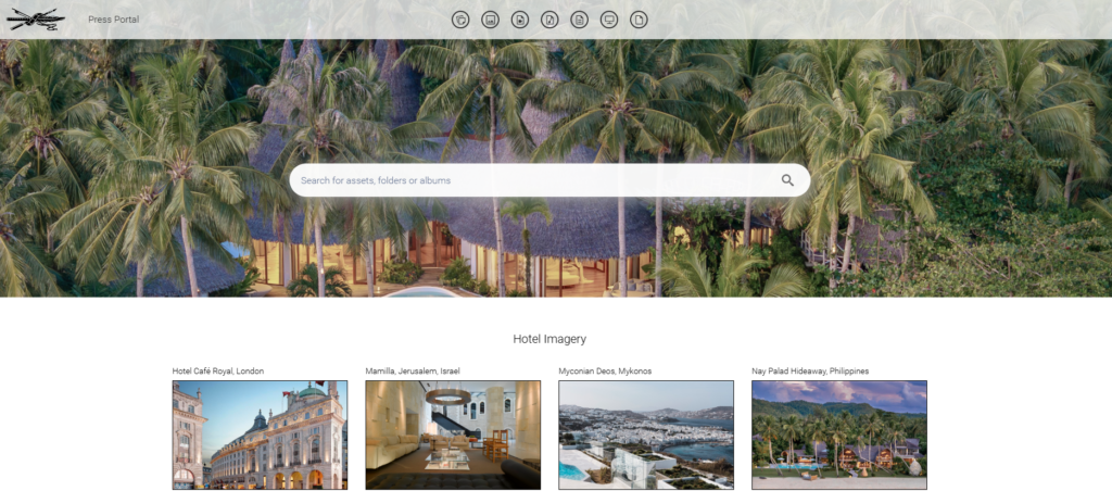 A preview of The Set’s press portal featuring curated hotel imagery for media use.