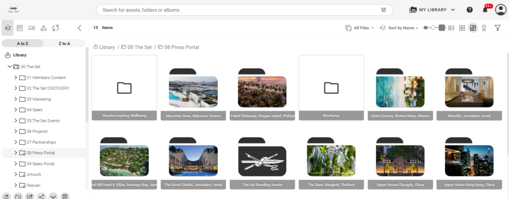 A look inside The Set’s centralized asset library, where hotel content and brand materials are organized in one place.