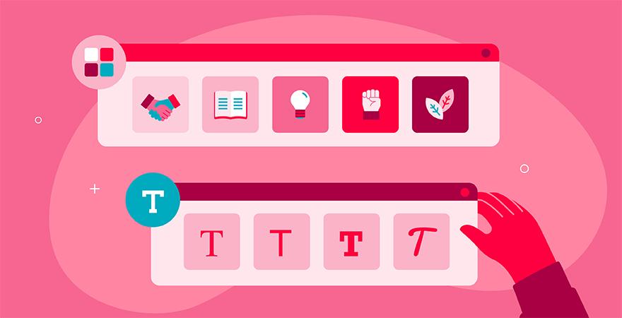 Red illustration of emotions evoked by color palettes and font families to build a brand identity.