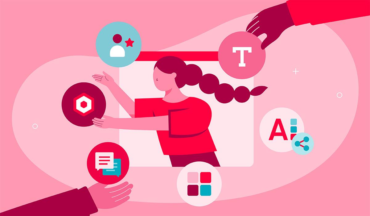 Woman building a magnetizing brand identity with brand elements over a red background.